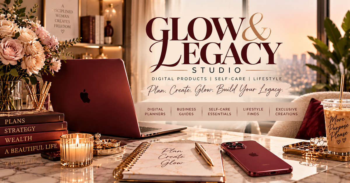 Elegant burgundy and champagne Glow and Legacy Studio workspace