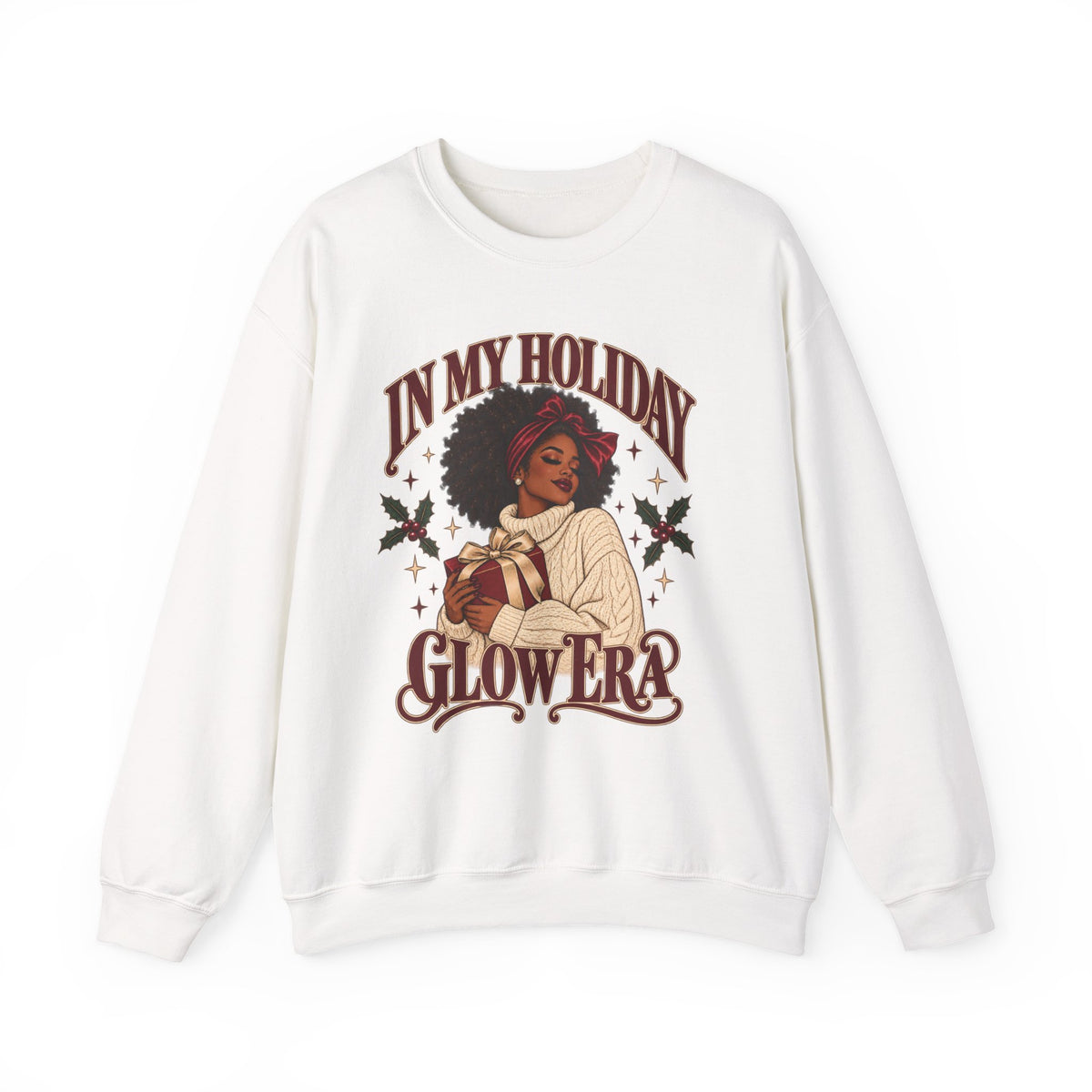 In My Holiday Glow Era Christmas sweatshirt in white with a Black woman holding a gold-wrapped gift