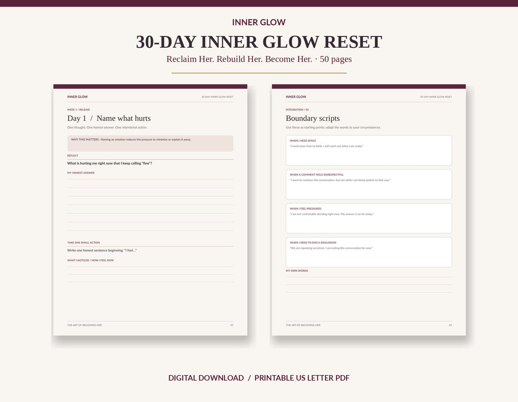 Inside preview: guided daily reflection worksheets from the 50-page Inner Glow Reset